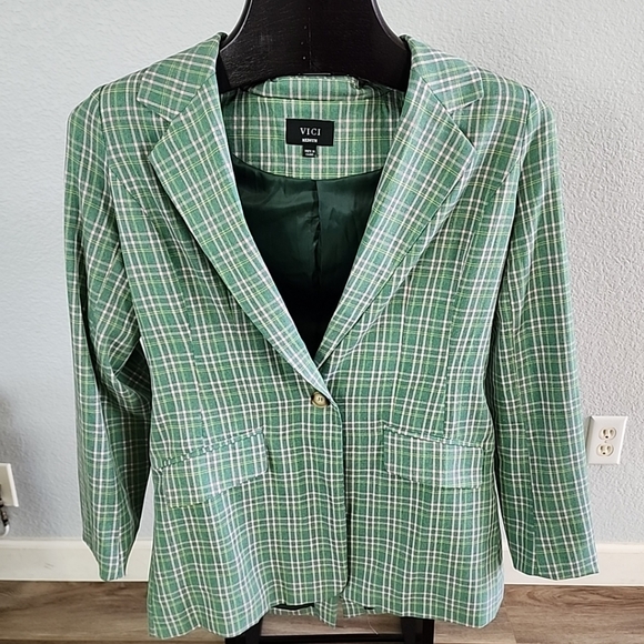 Vici Jackets & Blazers - Vici Green Pink Plaid Mid Length Blazer Jacket One Button Medium